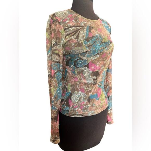 Y2K Sno Skins Mesh Sequin Embroidered Semi Sheer Disco Fairy Colorful Top S - Picture 1 of 10